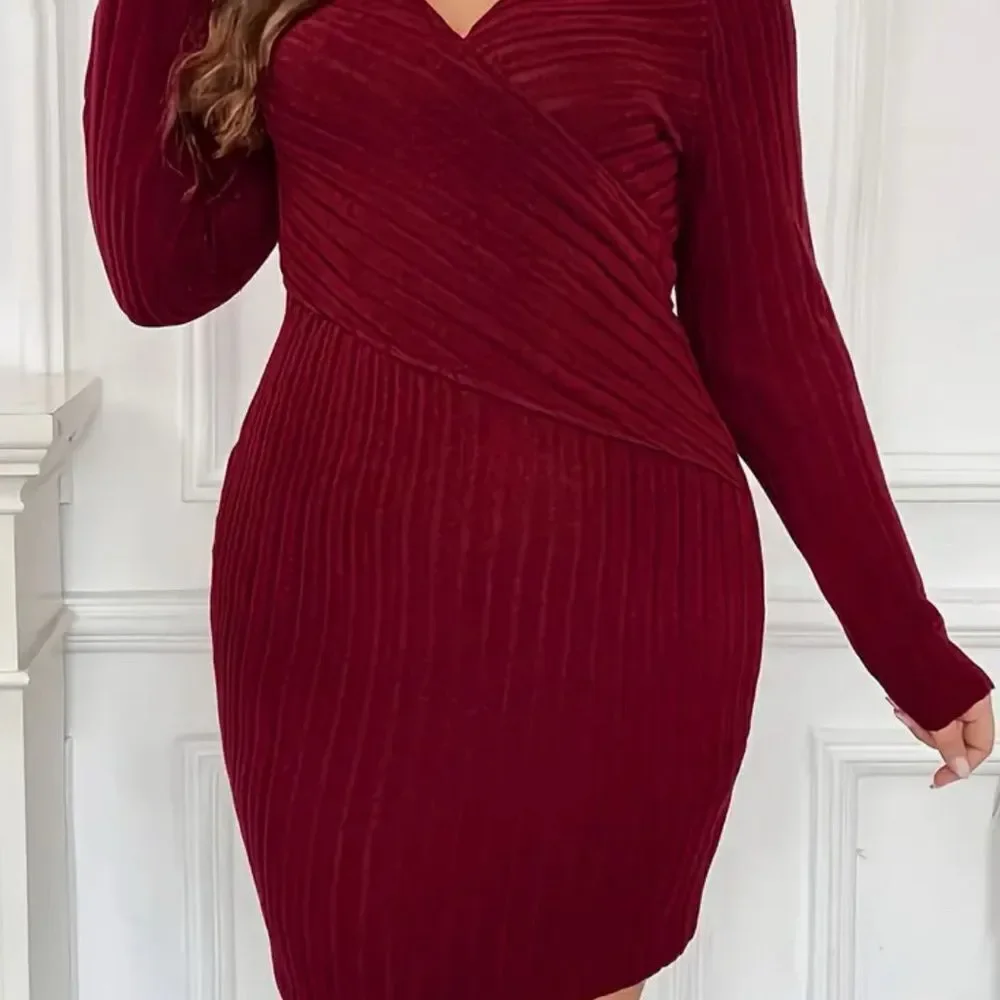 *30off3* Plus Size‎ Women's Solid Ribbed Long Sleeve Surplice Neck Casual Dress